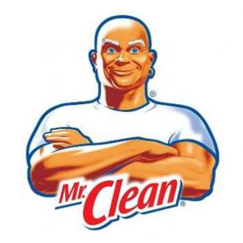 Mr. Clean logo of large, smiling, bald man with white eyebrows in white t-shirt crossing his arms